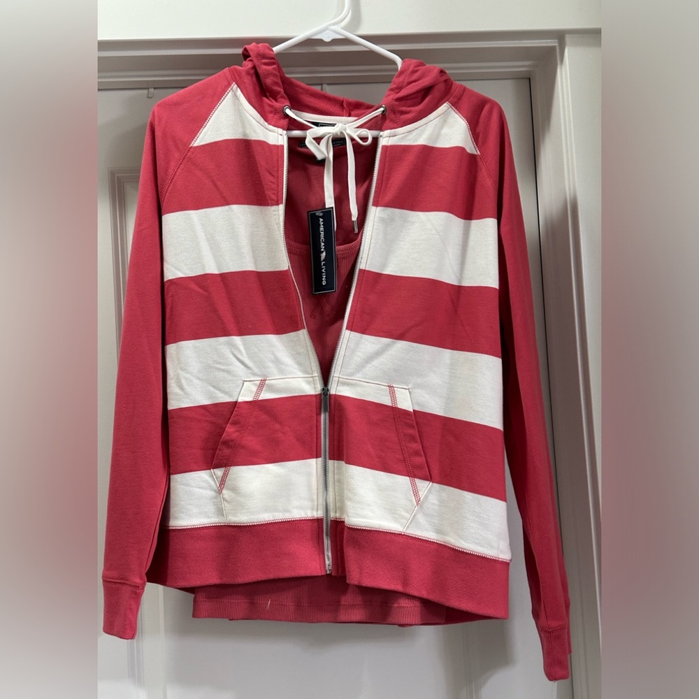 American Living Womens M tank top & Zip Hoodie Coral Red Rugby Stripe. BRAND NEW